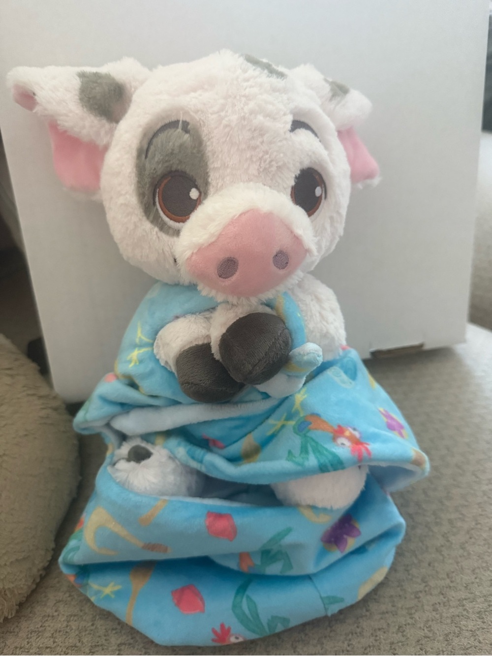 Disney White and Pink Pua Plush with Blue Floral Blanket